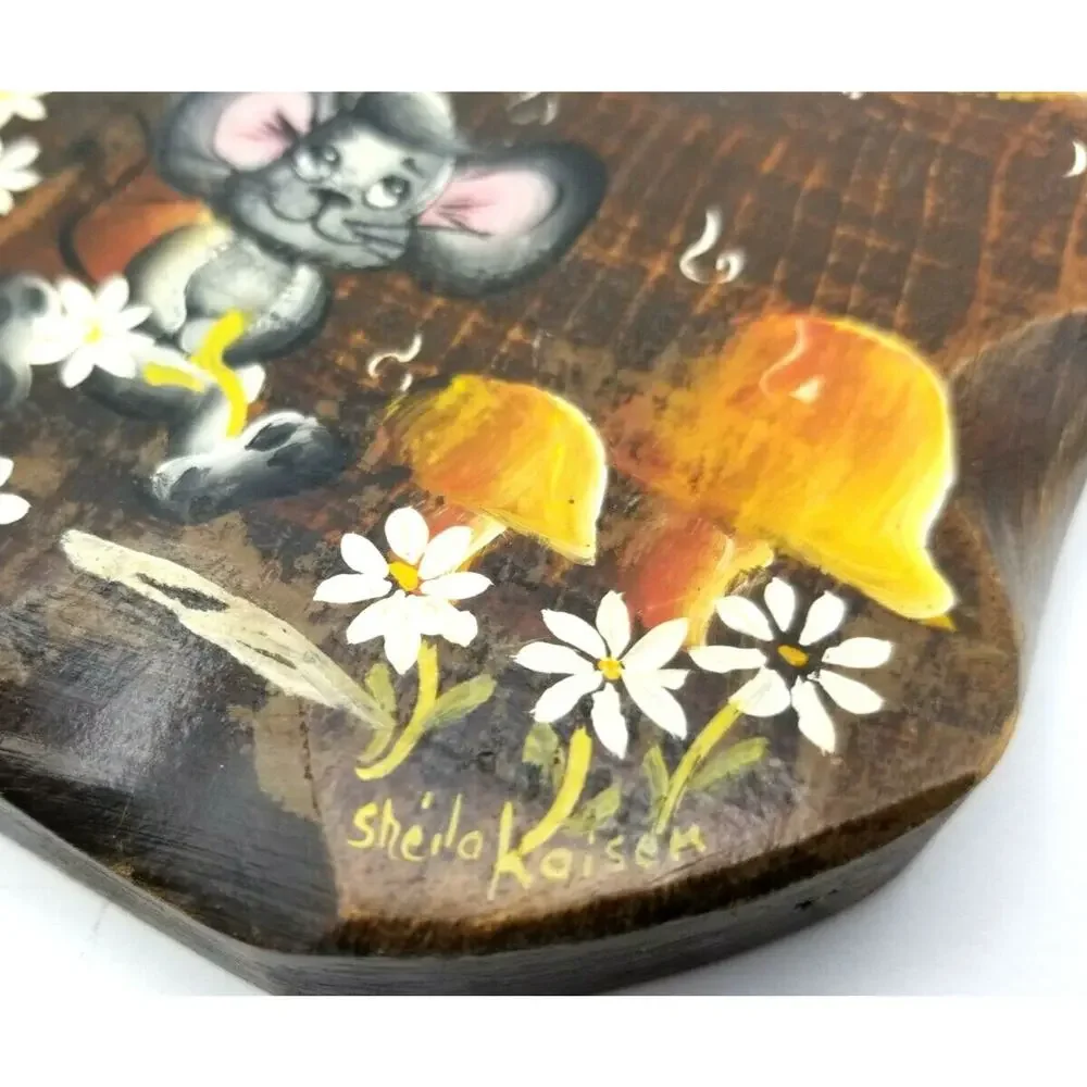Vintage Mushrooms Mouse Tole Painting Signed by Artist Wall Hanging 7